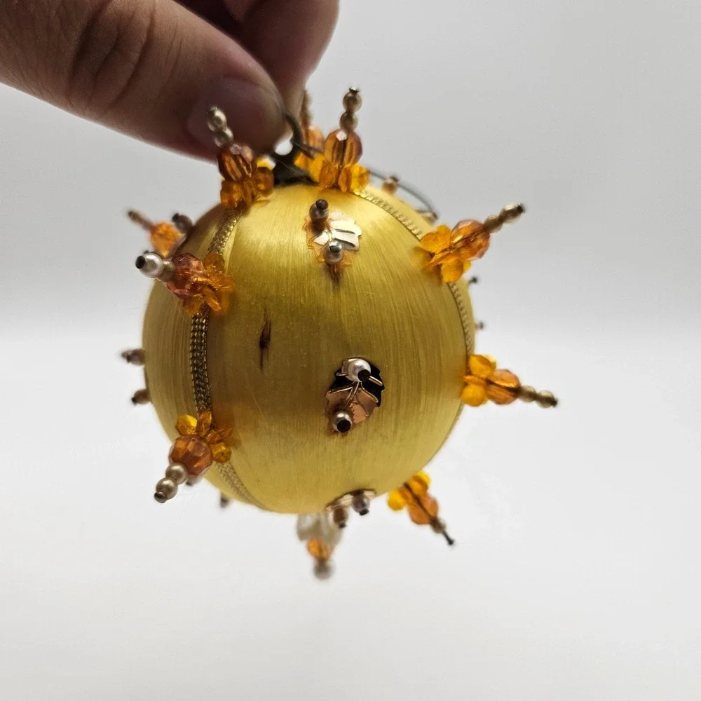 Vintage Handmade Christmas Ornament Yellow Gold Beaded Ball Unique Holiday Decor